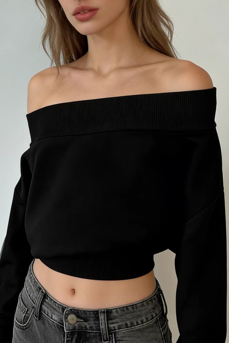 Foldover Off Shoulder Loose Crop Tops