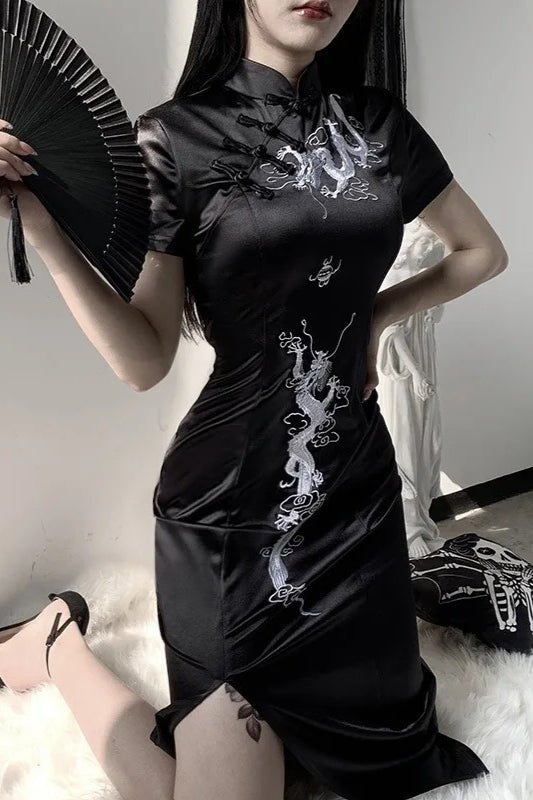 Dark Retro Disc Buckle Embroidered Slim Maxi Dress Secondary image