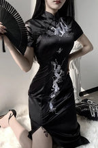 Dark Retro Disc Buckle Embroidered Slim Maxi Dress