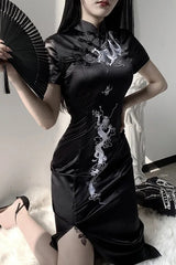 Dark Retro Disc Buckle Embroidered Slim Maxi Dress