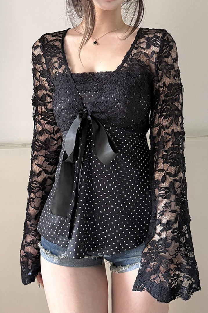 Polka Dot Bow Lace Crop Tops