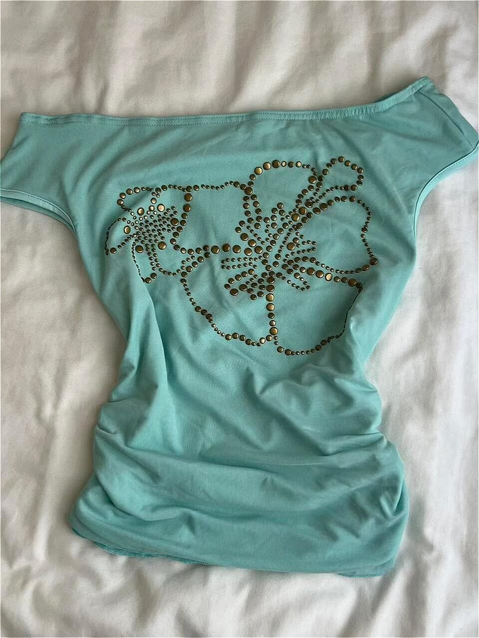 Y2K One Shoulder Hibiscus Rhinestone T-shirt