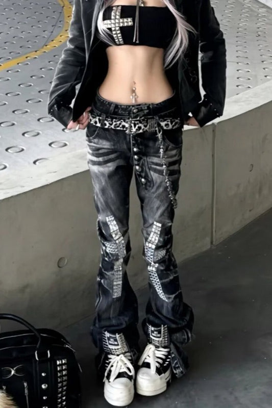 Rhinestone Cross Low-Rise Flare Jeans