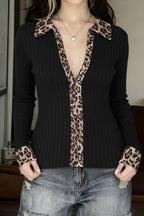 Leopard Trim Ribbed Zip Cardigans