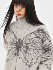Butterfly Jacquard Turtleneck Warm Cashmere Cardigan Sweater