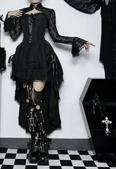 Asymmetric Pleated Lace Black Midi Dress