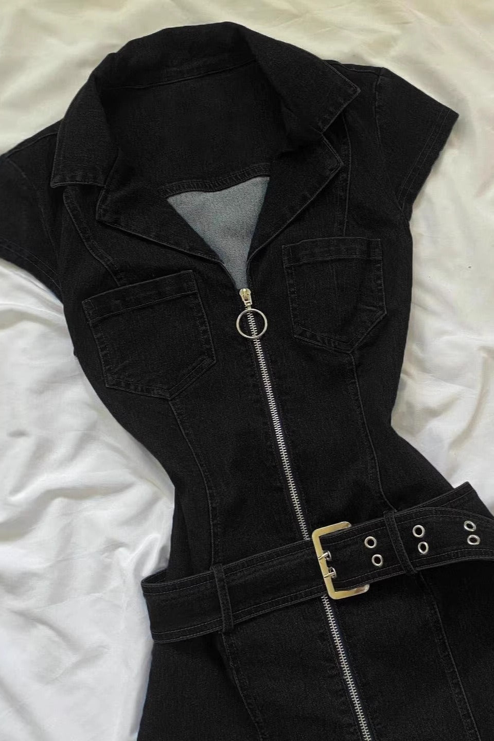Belted Denim Zip Front Mini Dress