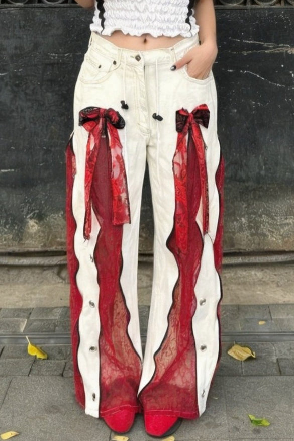 Bow Lace Panel Curved Pants