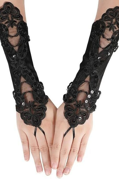 Floral Embroidered Finger Loop Gloves