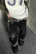 Camo Panel Distressed Flare Jeans