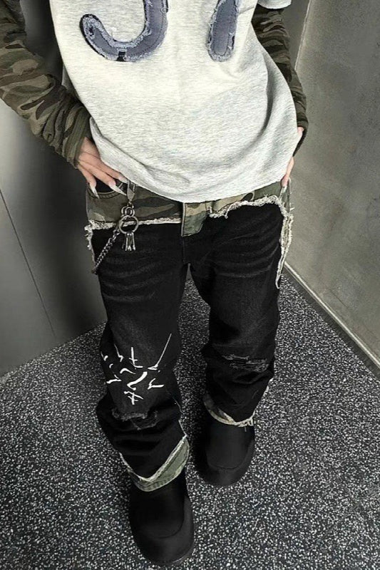 Camo Panel Distressed Flare Jeans