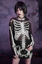 Skull Print Sheer Long Sleeve Mesh Top