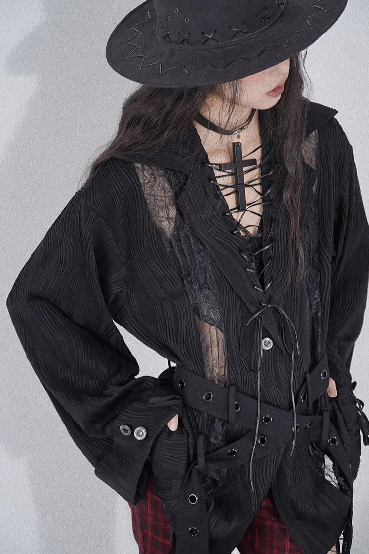 Black Cross Lapel Lace Blouse Main image