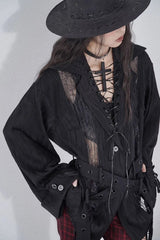 Black Cross Lapel Lace Blouse