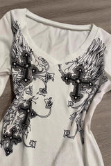 Vintage Gothic Letter Print V-Neck Loose T-shirt