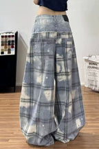 Ripped Plaid Wide Leg Denim Pants