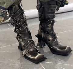 Square Toe Metal Rivet Punk Knee-High Western Boot