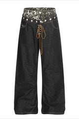 Double Waistband Tie Curved Blade Baggy Stacked Pants
