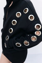 GothicPunkMetal Ring Cutout Zip Up Hoodie
