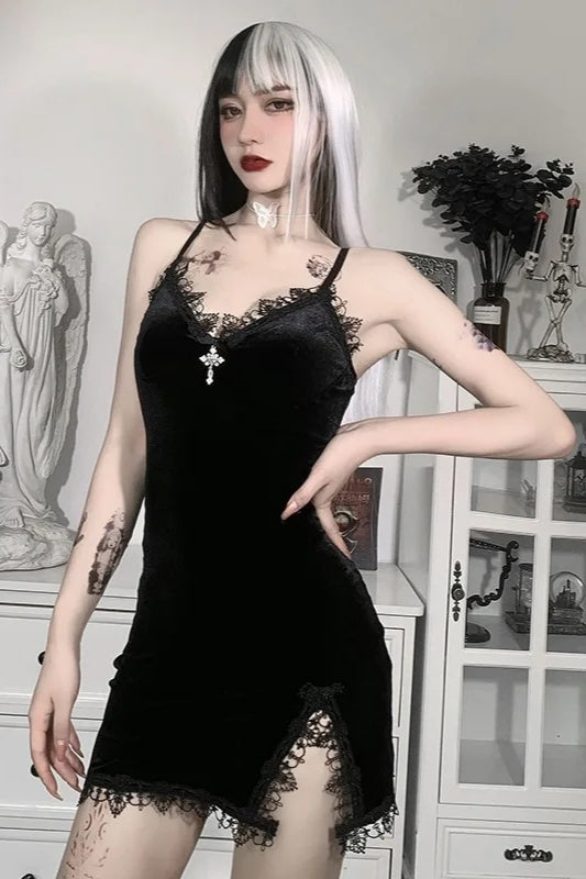 Black Cross Spaghetti Strap High Waist Slit Mini Dress Secondary image