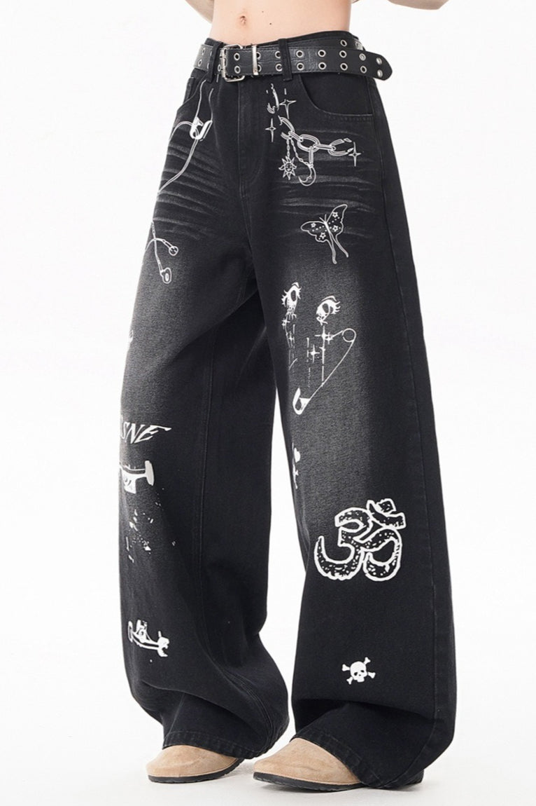 Graffiti Print Wide Leg Pants