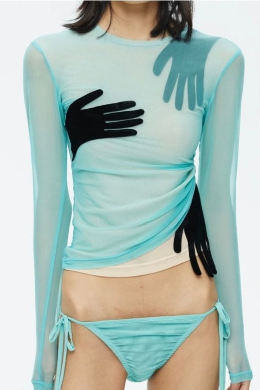 Mesh Velvet Patchwork Palm Print Mesh Top Secondary image