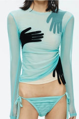 Mesh Velvet Patchwork Palm Print Mesh Top