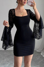 Square Neck Lace Sleeve Mini Dress