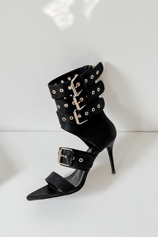 Studded Buckle Mid-Heel Sandals