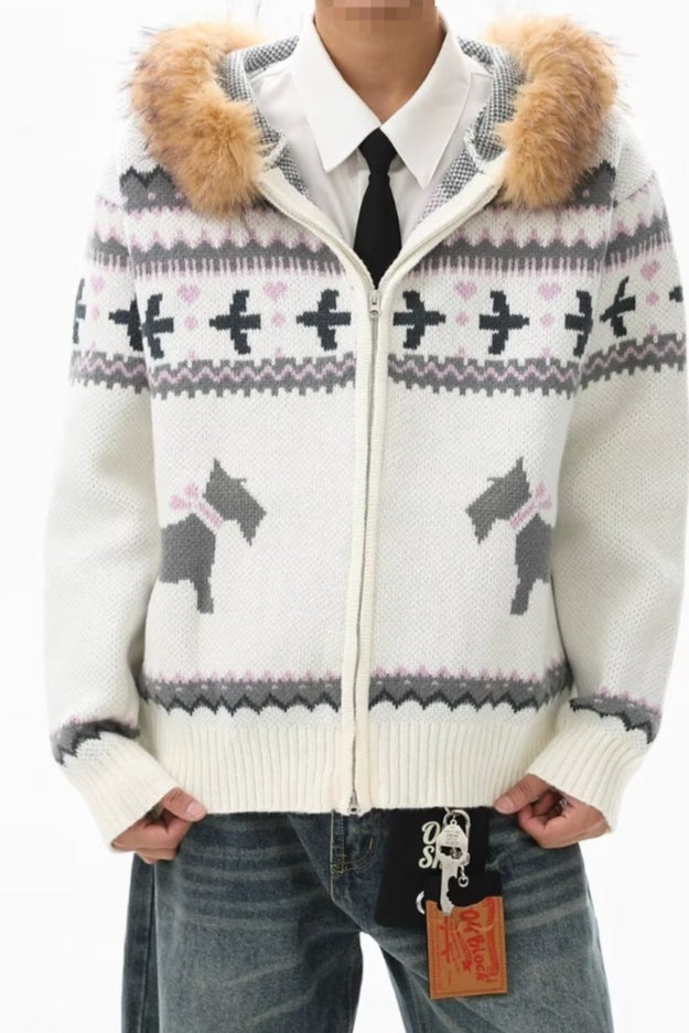 Dog Motif Fluffy Trim Knit Hoodies