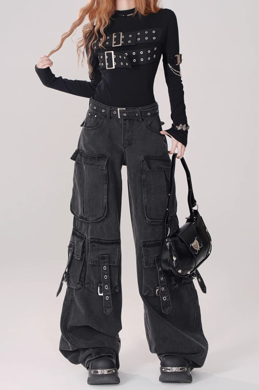 Buckle Pocket Cargo Denim Pants