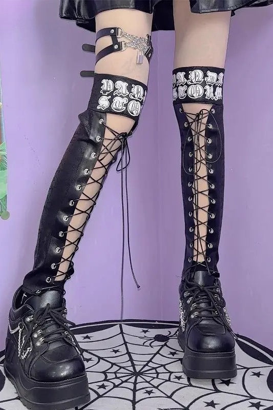 Punk Gothic Y2K PU Tie Letter Print Industrial Leg Warmers Secondary image