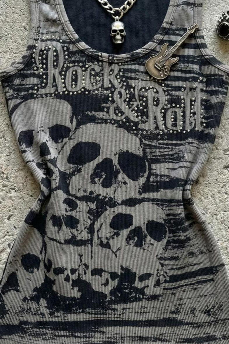 Grey Skull Letter Allover Printed Crew Neck Tank Top Secondary image