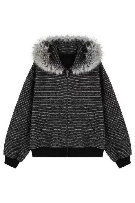 Fine Stripe Fluffy Trim Hoodies