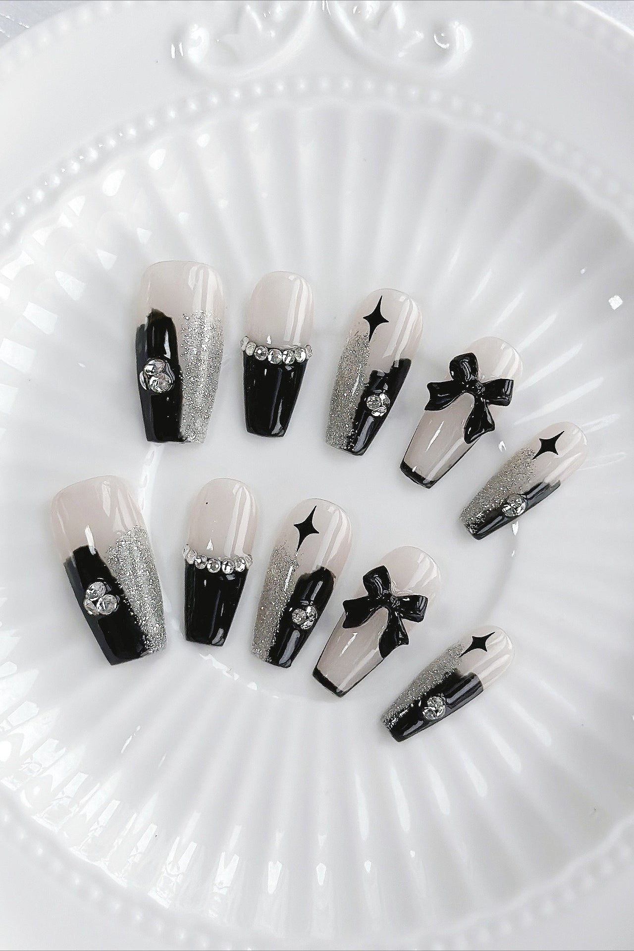 Dark Rhinestone Bow Press On Nails Main image