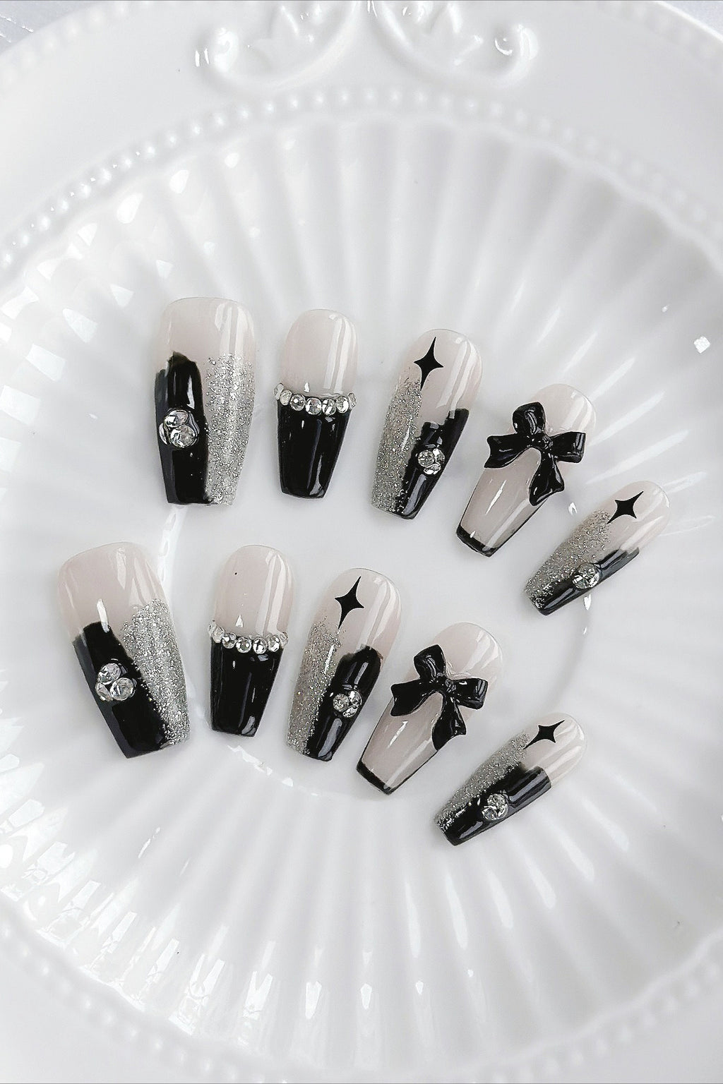 Dark Rhinestone Bow Press On Nails