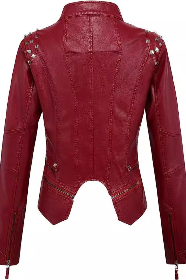 Studded Asymmetric Zip Fitted Leather Jacket