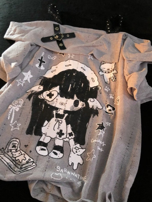 Y2K Cartoon Print Off Shoulder T-shirt Main image