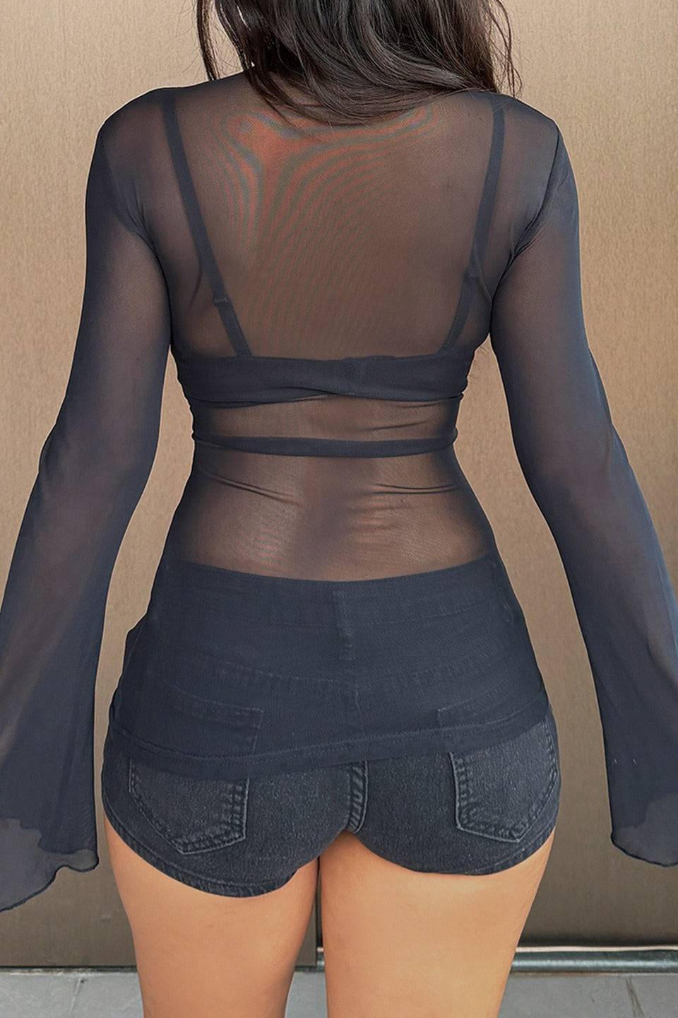 Sheer Cross Flared Sleeve Crop Tops