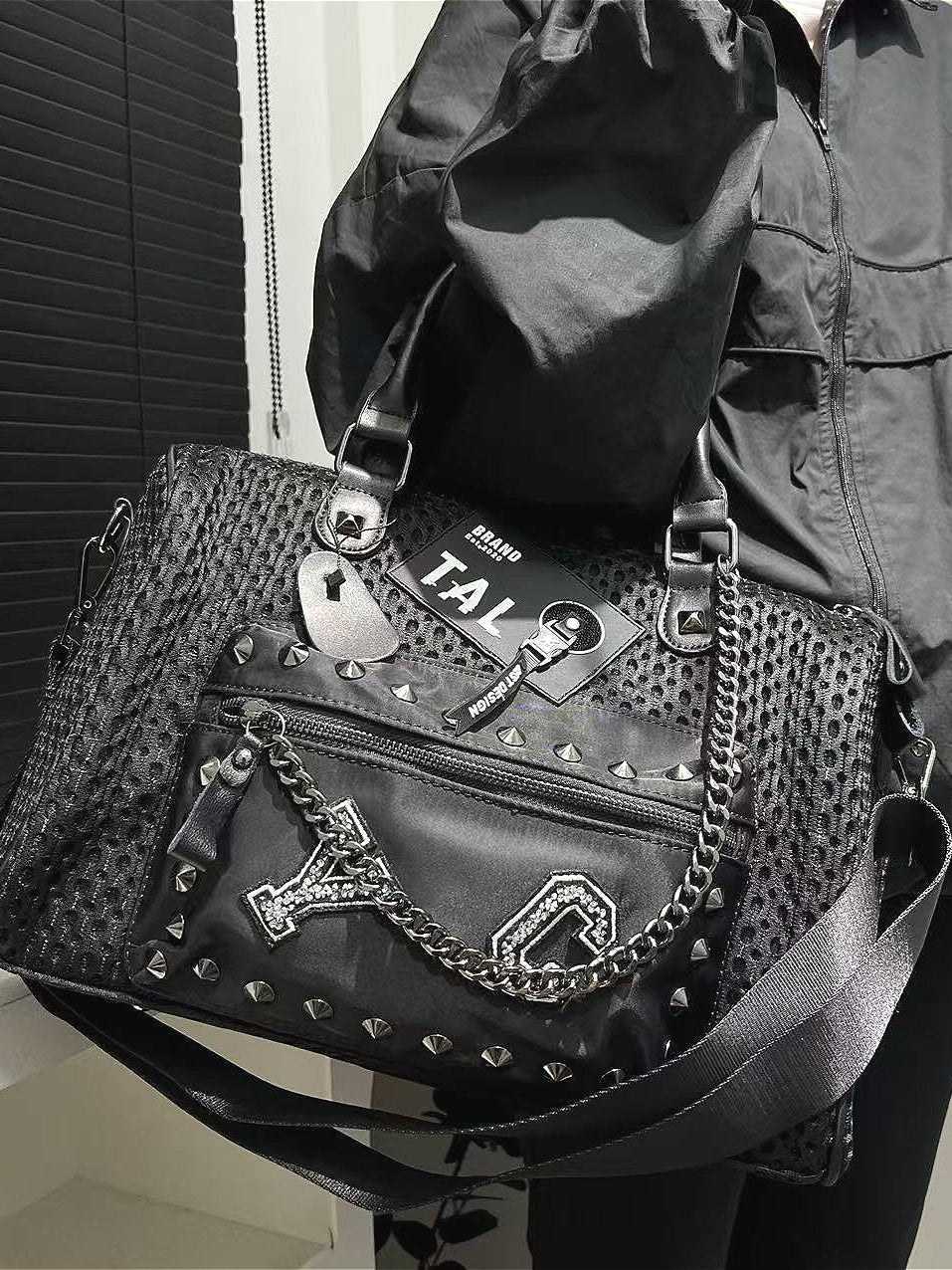 Studded Chain Mesh Spliced Handbag