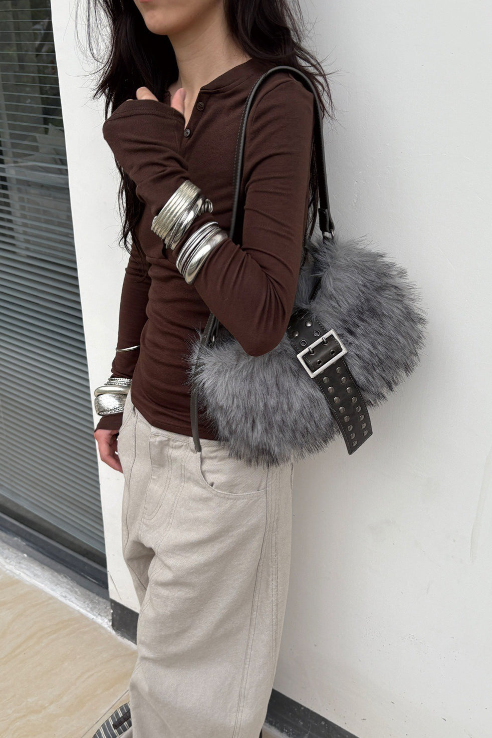 Fluffy Studded Buckle Shoulder Bags