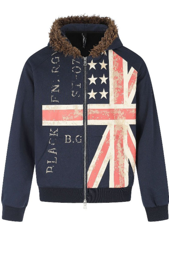 Flag Graphic Fluffy Trim Hoodies