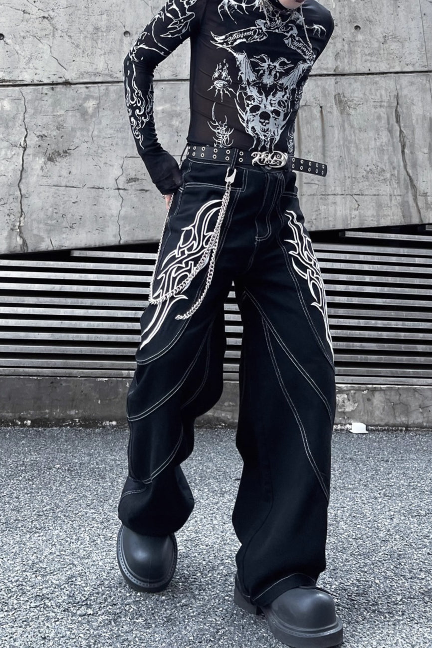 Embroidered Contrast-Stitch Wide-Leg Jeans