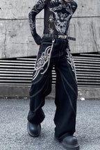 Embroidered Contrast-Stitch Wide-Leg Jeans