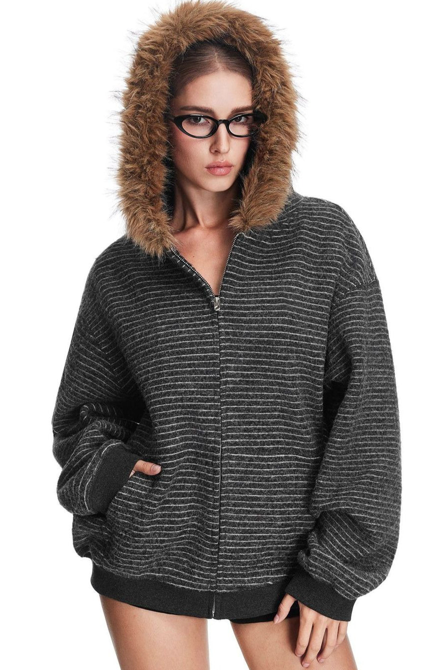 Fine Stripe Fluffy Trim Hoodies