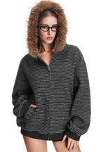Fine Stripe Fluffy Trim Hoodies