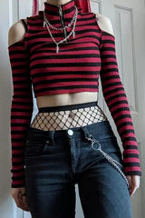 Striped Off Shoulder Zip Knit T-Shirt