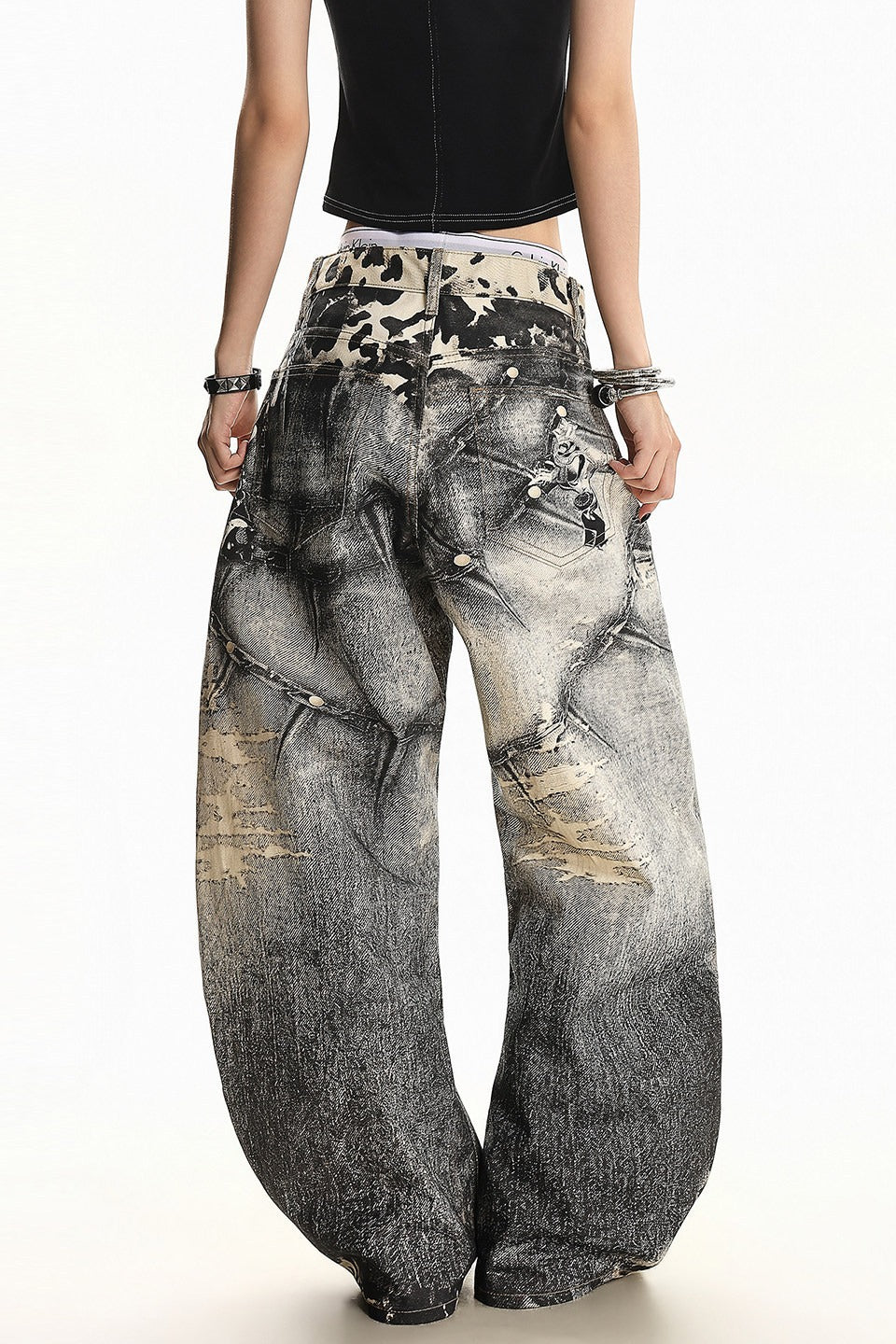 Leopard Panel Washed Denim Pants