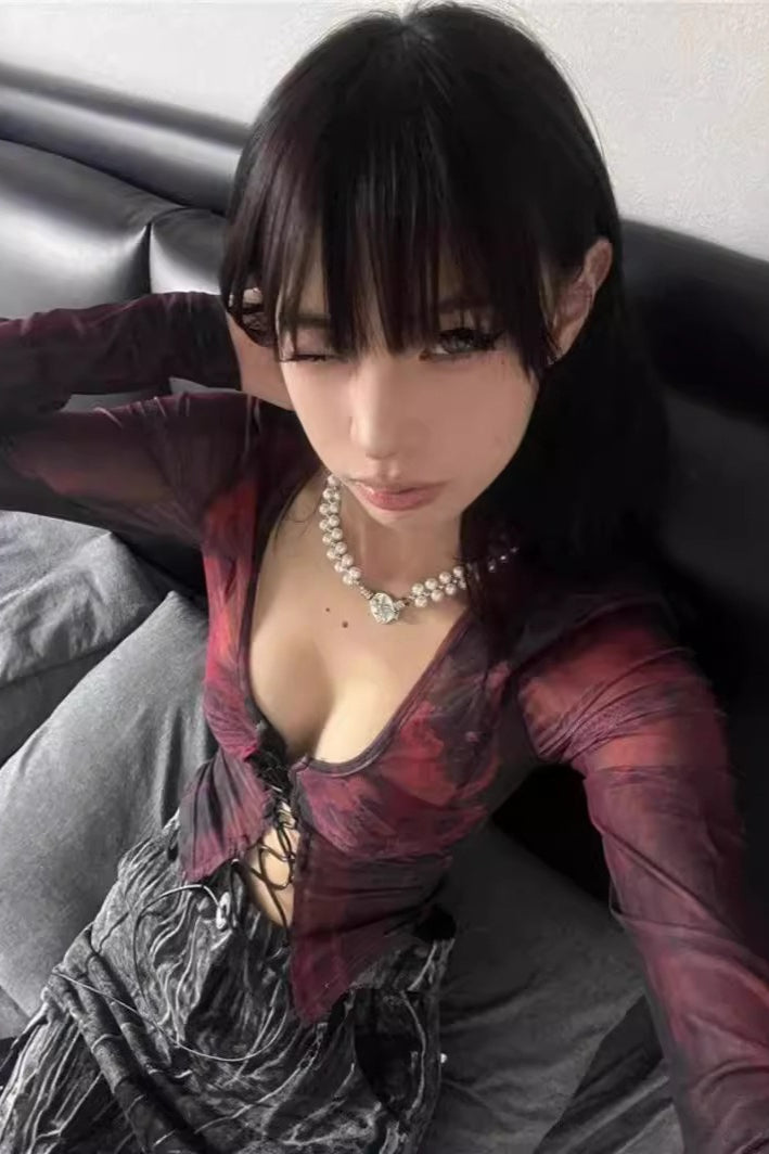 Sexy Red Y2K Lace Up Mesh Top