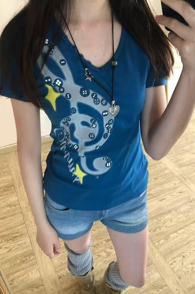 Button Note V Neck Shoulder Fit Cropped Slim T-shirt Main image